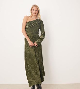 Asos Tall ASOS DESIGN Tall - Vestito lungo verde oliva in velluto asimmetrico con drappeggio