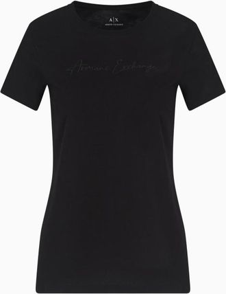 A|X Armani Exchange Womens Black Monochromatic Signature Logo Tee, Size Large