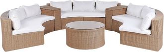 Beliani Set Divano Angolare Tavolo Tondi in Finto Rattan Beige Sabbia Cuscini Bianchi Severo