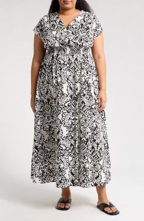 Renee C Short Sleeve Smocked Cotton Blend Maxi Dress in Black/White at Nordstrom Rack, Size 1X