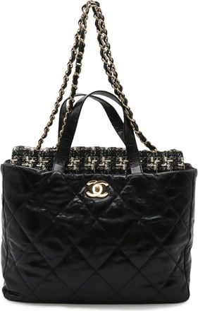 Chanel Black Ivory Leather Tweed Shoulder Bag Tote Bag (Pre-Owned)