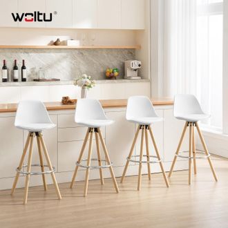 Woltu Woltu 4x Taburete De Bar Con Respaldo Marco De Madera Maciza Muebles Cocina Taburete Alto Para Cocina Bar, Cuero Sint&eacute;tico, Blanco