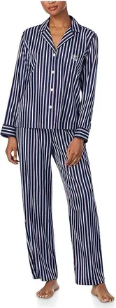 Lauren Ralph Lauren Long Sleeve Notch Collar Sateen PJ Set Womens Pajama Sets Navy Stripe : LG (US 12-14), Cotton/Viscose