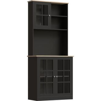 HOMCOM Homcom Alacena De Cocina, Mueble Auxiliar De Cocina, 3 Puertas De Vidrio, Encimera Abierta Para Microondas, Estantes Ajustables, 80x37x183 Cm, Negro