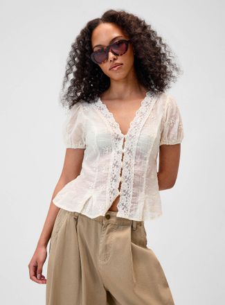 Twik Womens Floral embroidery puff-sleeve shirt