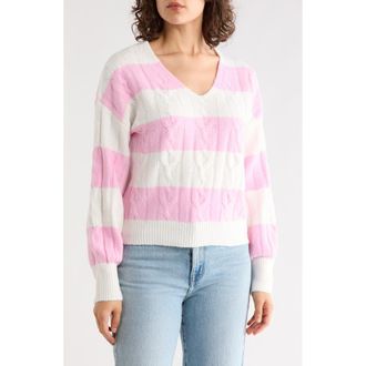Madden Girl Rugby Stripe Cable Knit V-Neck Sweater in Sweet Lilac Combo at Nordstrom Rack, Size X-Large