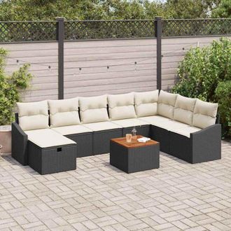 vidaXL Vidaxl - Conjunto De Sof&aacute; De Jard&iacute;n Con Coj&iacute;n 9 Pcs Negro Polirat&aacute;n