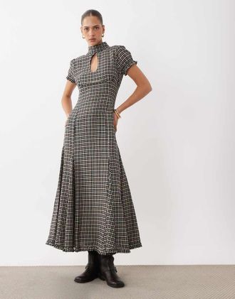 Asos vestito lungo da giorno con orlo a volant a quadri marroni-Multicolore