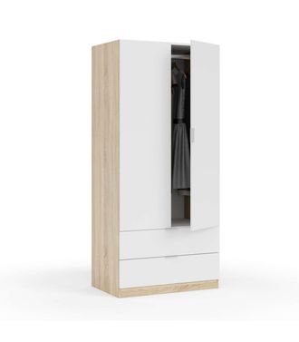 F.R.S. Armario Ropero Berta 2 Puertas 2 Cajones Acabado Blanco/roble, 180 Cm(alto)81 Cm(ancho)52 Cm(largo)