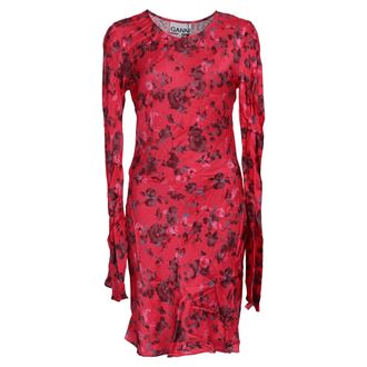 Ganni Ganni Floral-Print Long Sleeve Mini Dress in Red Viscose