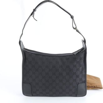 Gucci Black Leather Canvas Shoulder Bag Tote Bag (Pre-Owned)