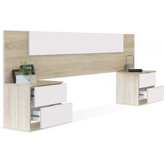 HOGAR 24 Cabecero + 2 mesitas blanco artik y roble canadian