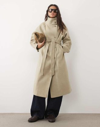 Pieces cappotto elegante con collo a imbuto e cintura, effetto lana, beige-Neutro