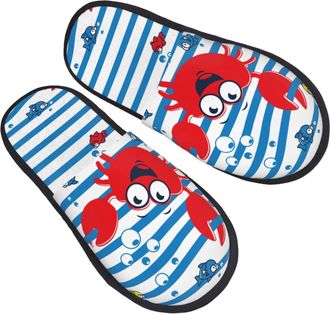 Generic Red Funny Crab On Blue Stripe Unisex Shoes Fluffy House Slippers Slip On Sliders For Winter Outdoor Indoor L