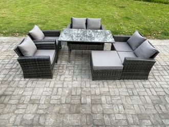 Fimous Rattan Garden Furniture Set 7 Seater Patio Outdoor Lounge Sofa Set with Oblong Dining Table Double Seat Sofa in Dark Grey