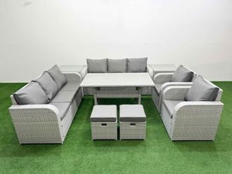 Fimous PE Rattan High Back Lounge Sofa Set Patio Rectangular Dining Table & Chairs Set w/ 3 Seater Sofa Reclining Chair Stools 2 Side Table Light Grey