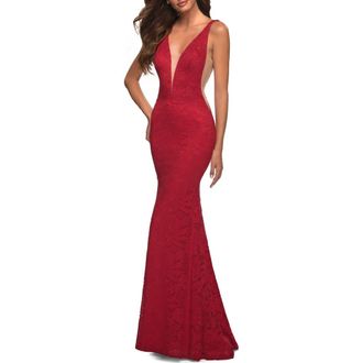 La Femme Chic Stretch Lace Gown with Deep V Neckline in Red at Nordstrom, Size 6