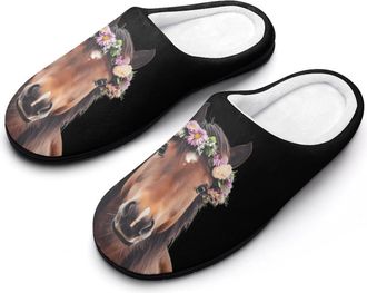 Generic Horse Animal with Flower Funny Mens Slippers Cotton Warm House Shoes Memory Foam Sandals Print Size 7-14