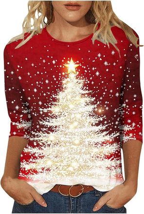 Generic Christmas Top for Women 3/4 Sleeve Novelty Funny Christmas Sweatshirt Xmas Tree Print Sweatshirt Casual Tunic Tops Holiday Round Neck Long Sleeve Tops