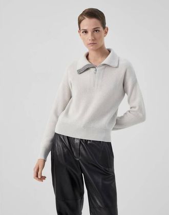 Brunello Cucinelli WomenS Ice White Wool Half Zip Sweater, Size XXL