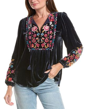 Johnny Was Curved Hem Prairie Silk-Blend Blouse