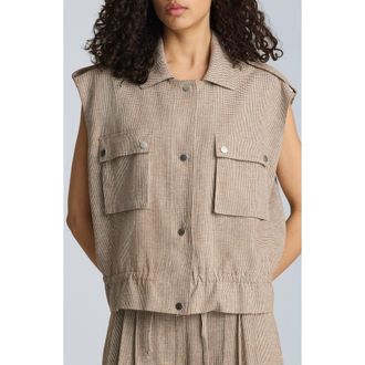 Kenneth Cole Puppytooth Check Short Sleeve Linen Blend Jacket in Brunette/Pure White at Nordstrom, Size X-Small