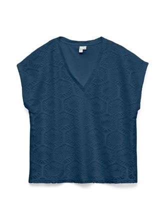 Vero Moda Spitzenshirt VERO MODA VMIRIS CROCHET V-NECK T-SHIRT JRS BTQ, Damen, Gr. XL, schwarz denim, Jersey, Obermaterial: 100% Polyester, unifarben, bequem no