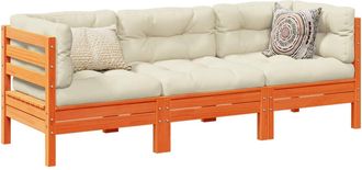 vidaXL Set De Sof&aacute;s Jard&iacute;n 3 Pzas Con Cojines Madera Pino Marr&oacute;n Cera Vidaxl