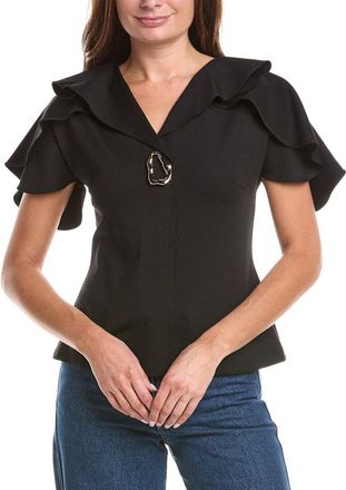 Gracia Ruffled Neck & Sleeve Brooch Detail Top
