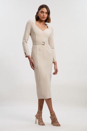 Karen Millen Figure Form Bandage Belted Midi Dress in Stone at Nordstrom, Size Medium