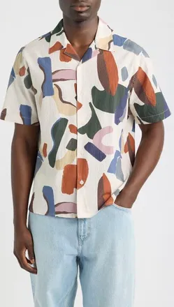 Wax London Didcot Abstract Stretch Cotton Camp Shirt in Ecru/multi at Nordstrom, Size Xx-Large