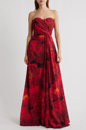 La Petite Robe Di Chiara Boni Floral Strapless Georgette Gown in Red at Nordstrom, Size 16