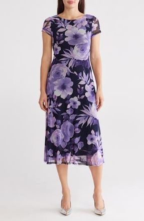 Connected Cap Sleeve Mesh Midi Dress in Navy/lavender at Nordstrom Rack, Size 16