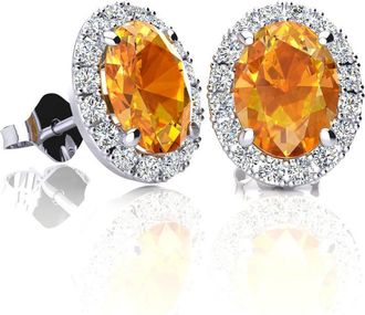 SuperJeweler 2 1/4 Carat Oval Shape Gemstone and Halo Diamond Earrings In Sterling Silver