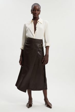 Karen Millen Womens Faux Leather Tie Detail Wrap Midi Skirt - Chocolate - Size 10 UK