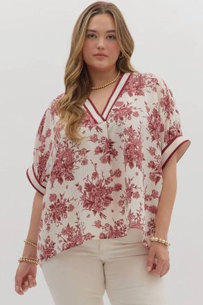 Entro Benson Curve Banded Stripe Oversized Dolman Blouse In Cream Burgundy