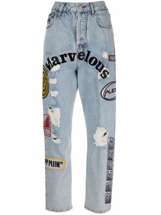 Philipp Plein patchwork boyfriend jeans - women - Polyester/Cotton/Cotton - 27 - Blue