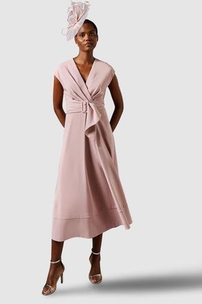 Coast Belted Crepe V-Neck Midi Dress in Rose at Nordstrom, Size 14