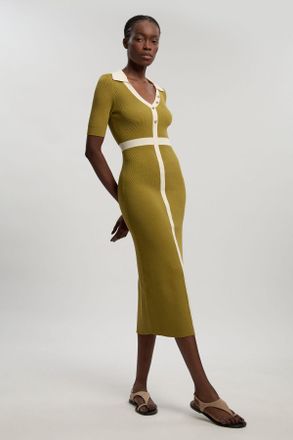 Karen Millen Womens Knit Rib With Contrast Waist Detail Collared Short Sleeve Midi Dress - Khaki Polyamide - Size X-Small