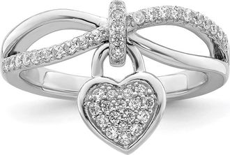 Diamond2Deal Sterling Silver Rhodium-plated Cubic Zirconia Heart Dangle Ring