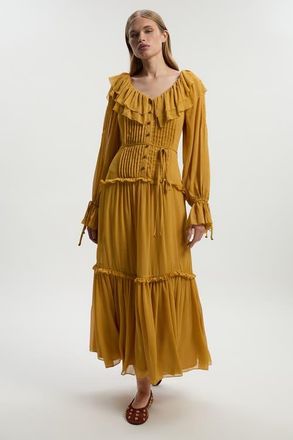Karen Millen Georgette Ruffle Woven Maxi Dress in Ochre at Nordstrom, Size 10