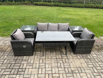 Fimous Wicker PE Rattan Garden Furniture Set Outdoor Rectangular Dining Table & Chair Sofa Set With 2 PC Side Table in Dark Grey