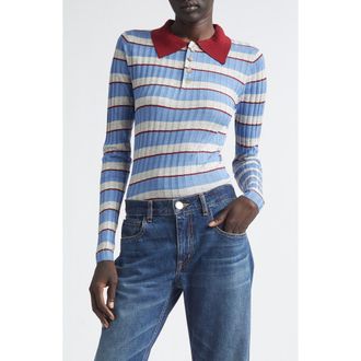 Brandon Maxwell The Joni Stripe Rib Silk & Cashmere Polo Sweater in Blue Stripe at Nordstrom, Size Medium