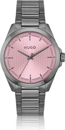 HUGO BOSS Seam gray-plated watch with pink textured dial