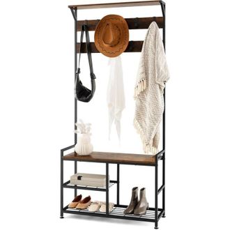 Costway Costway - Perchero De Pie Con Zapatero De 180 Cm, 4 En 1 Perchero Y Zapatero Con Estante Superior Y 9 Ganchos Extra&iacute;bles, Perchero Industrial Con Banc