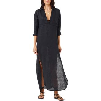 L*Space Capistrano Long Sleeve Linen Cover-Up Tunic Dress in Black at Nordstrom, Size X-Small