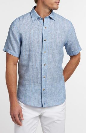 David Donahue Stripe Linen Short Sleeve Button-Up Shirt in Blue at Nordstrom, Size Xx-Large