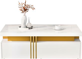 STILVORA Mesa De Centro Rectangular Con 2 Cajones Y Tablero Brillante Efecto M&aacute;rmol, Moderna, De Aglomerado, Blanco