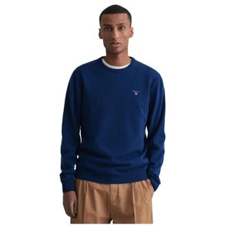 GANT Round-neck Knitwear, male, Blue, Size: XL Extra Fine Wool Round Neck Sweater