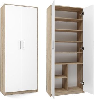 Topeshop Parla - Armario Moderno Con 6 Estantes - 180x74x35cm - Almacenaje - Armario De Oficina - Blanco Y Sonoma